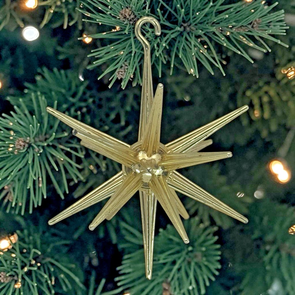 Bradford Atomic Sputnik Starburst Gold Plastic Christmas Ornament MCM 60s VTG